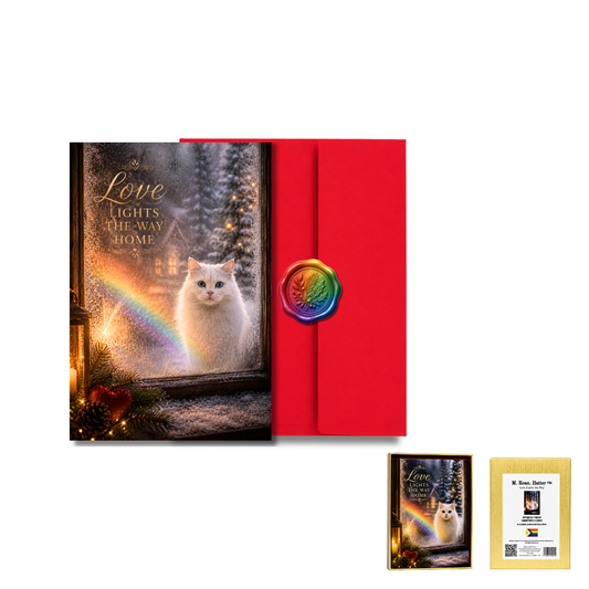 Love Lights the Way Pride Holiday Cards – Winter Cat Window Scene (8 Pack)
